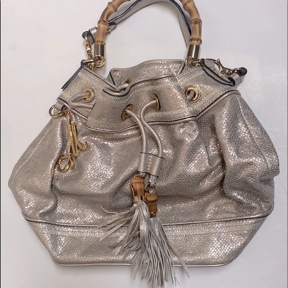 Milly New! Iridescent Handbag Bamboo Silver White Mermaid Snakeskin Shoulder Bag - Picture 3 of 13